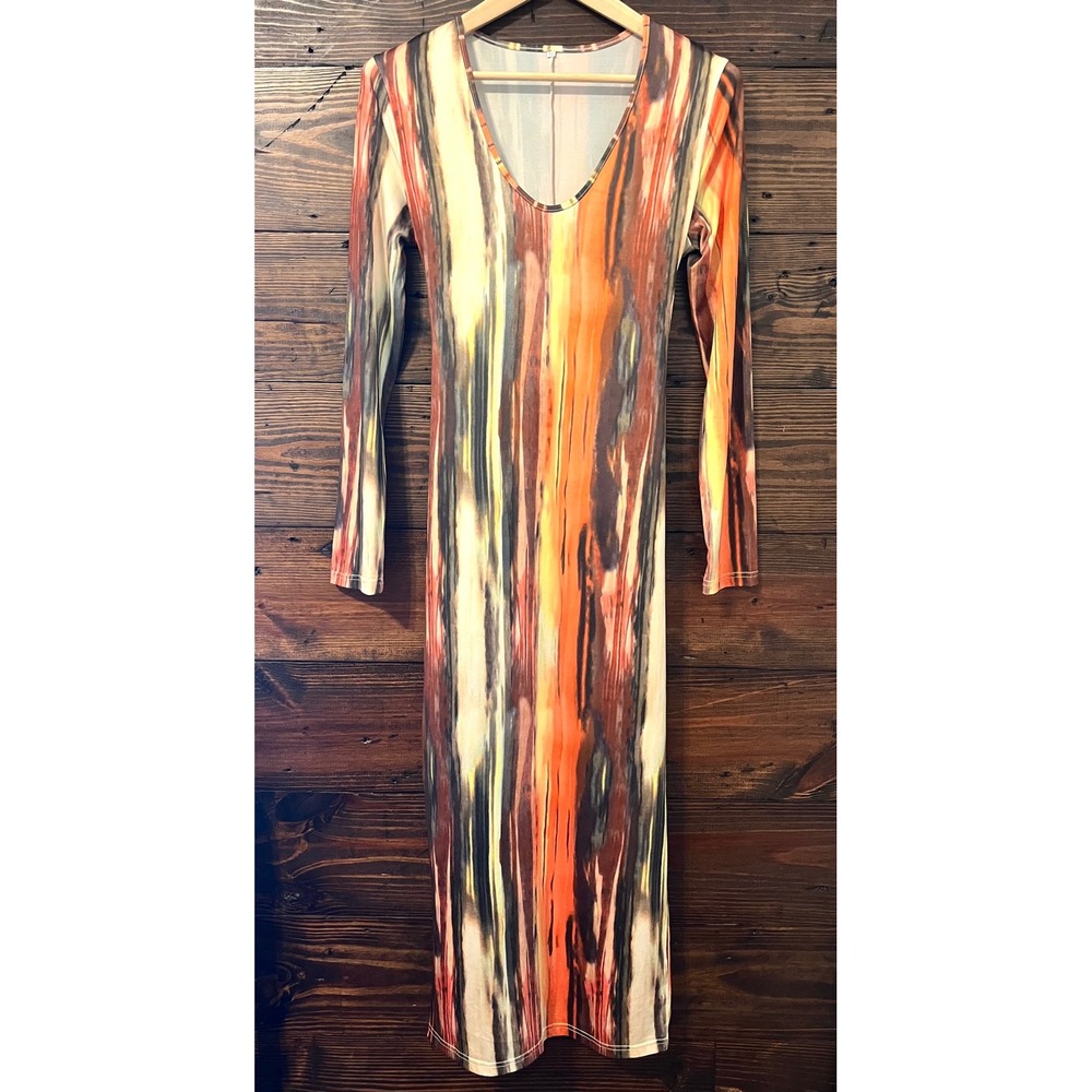 Abstract Stripe Maxi Dress Womens XL Orange Brown Long Sleeve Boho 70s Artsy - Picture 1 of 10